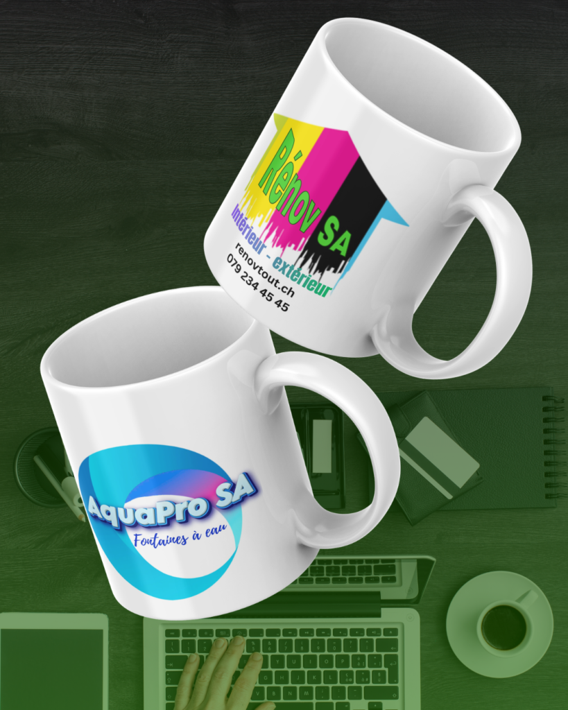 Exemple de sublimation de logo d'entreprise sur mug, réalisé à l'atelier Sublival